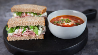 Speedy Tomato Soup with Ham Salad Sandwich