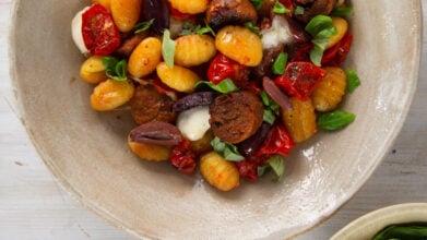 Niamh’s Roasted Gnocchi, Cherry Tomatoes & Veggie Sausages